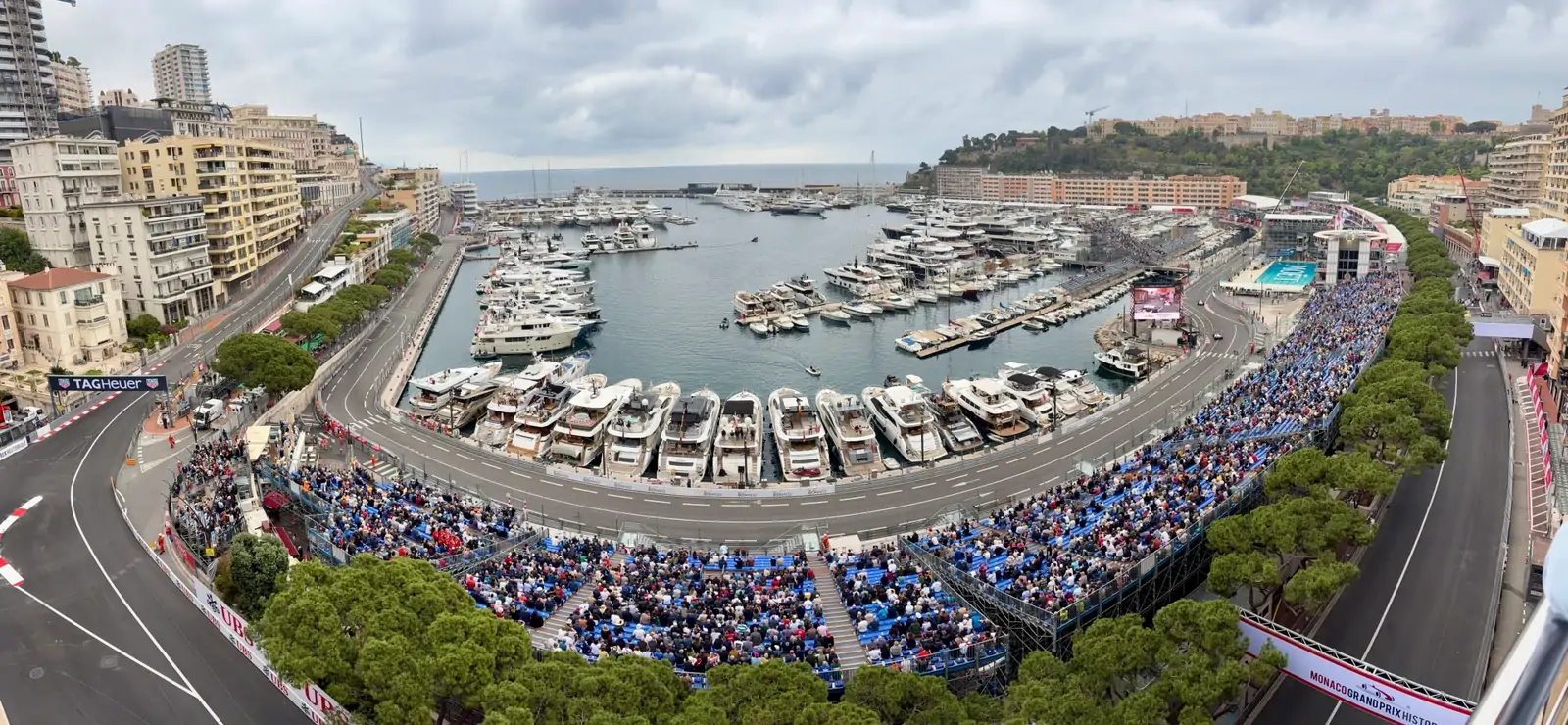 The spectacular vista of the circuit and Monaco Harbour from our apartment balco